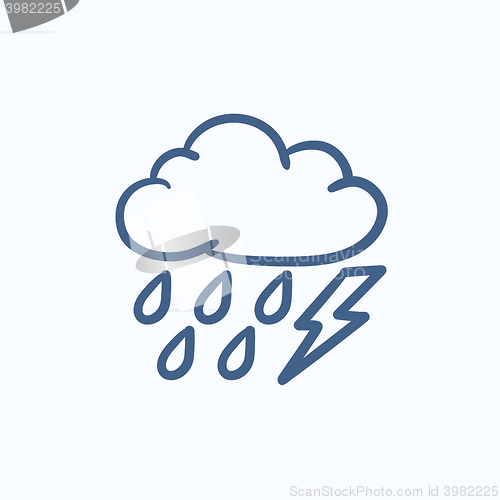 Image of Cloud with rain and lightning bolt sketch icon.