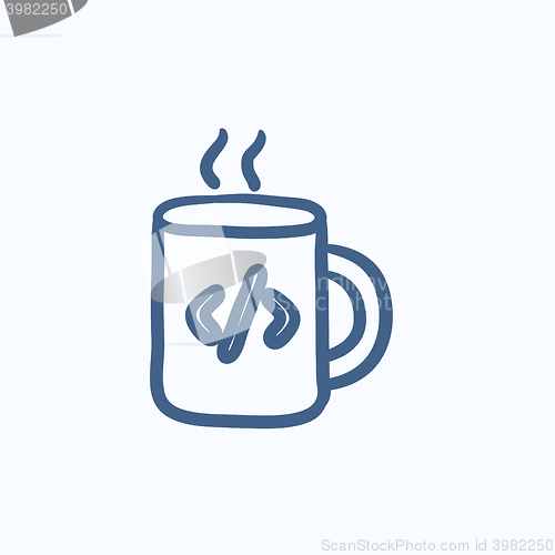 Image of Cup of coffee with code sign sketch icon.