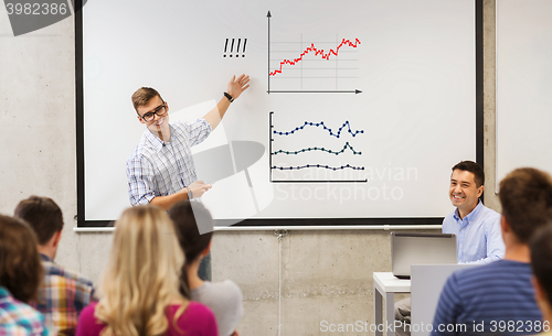 Image of high school student showing chart to classmates