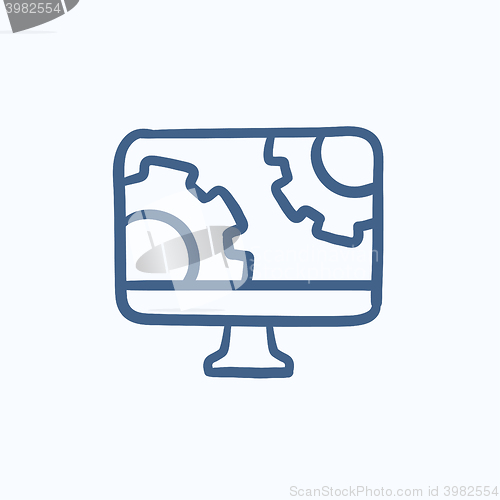 Image of Computer monitor with gears sketch icon.