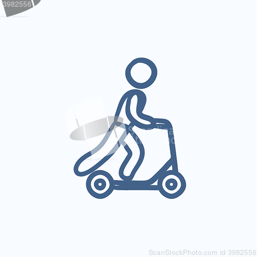 Image of Man riding kick scooter sketch icon.