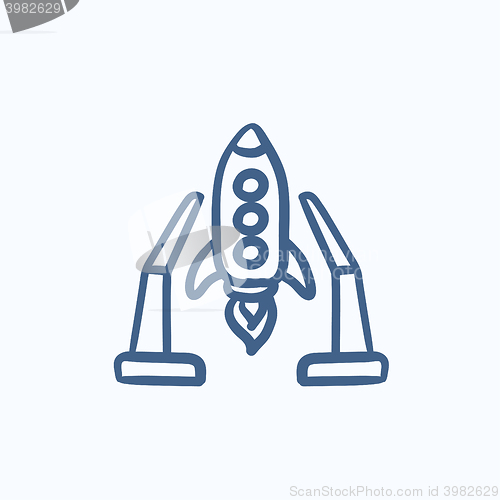 Image of Space shuttle on take-off area sketch icon.