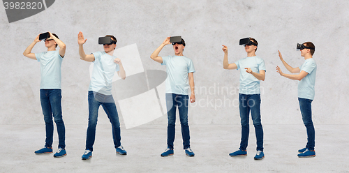 Image of man in virtual reality headset or 3d glasses set