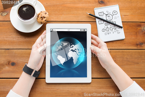 Image of close up of woman with tablet pc on wooden table