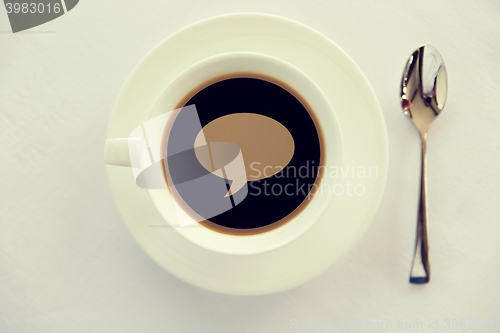Image of cup of black coffee with text bubble and spoon