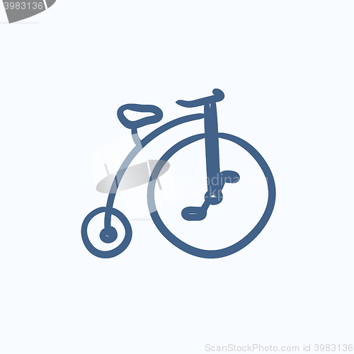 Image of Old bicycle with big wheel sketch icon.
