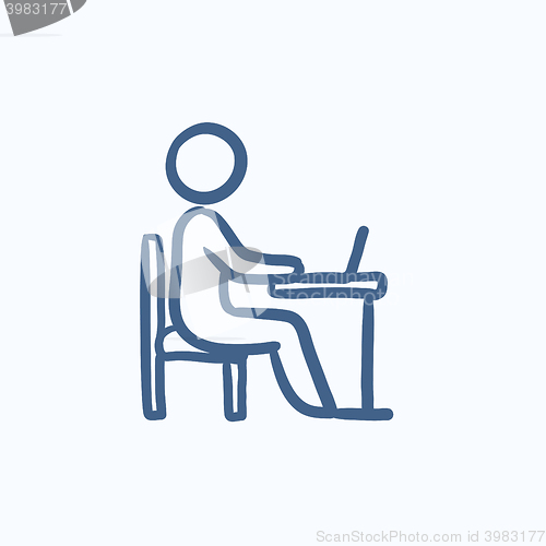 Image of Businessman working on laptop sketch icon.