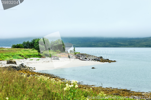 Image of small beach, lot of mist