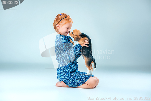 Image of The happy girl and a beagle puppie on gray background