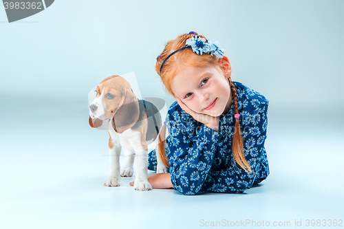 Image of The happy girl and a beagle puppie on gray background