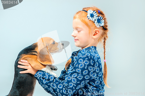 Image of The happy girl and a beagle puppie on gray background