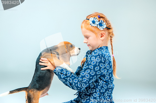 Image of The happy girl and a beagle puppie on gray background