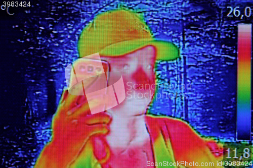 Image of Infrared image showing the heat emission when Young girl used sm