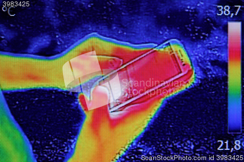 Image of Infrared image showing the heat emission when Young girl used sm
