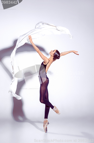 Image of Ballerina in black outfit posing on toes, studio background.