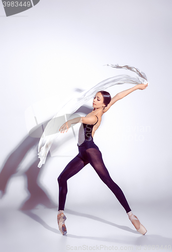 Image of Ballerina in black outfit posing on toes, studio background.