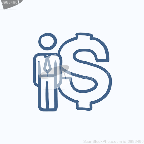 Image of Businessman stands near dollar symbol sketch icon.