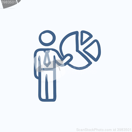 Image of Businessman pointing at the pie chart sketch icon.