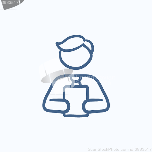 Image of Man holding digital tablet sketch icon.