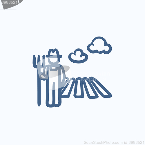 Image of Farmer with pitchfork at field sketch icon.