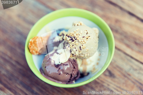 Image of close up of ice cream in bowl on table