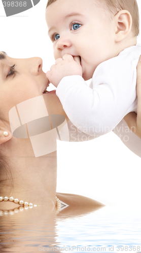 Image of happy mother playing with baby boy in water