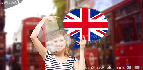 Image of woman with text bubble of british flag in london