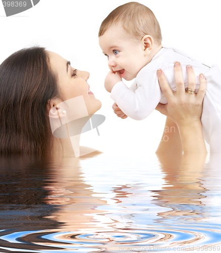 Image of happy mother with baby boy in water #2