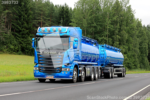 Image of New Blue Scania R580 Tank Truck on Summer Road