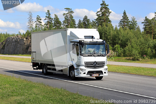 Image of White Mercedes-Benz Antos Truck on Motorway