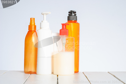 Image of Group of cosmetic bottles isolated on white