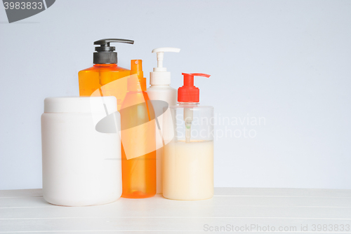 Image of Group of cosmetic bottles isolated on white