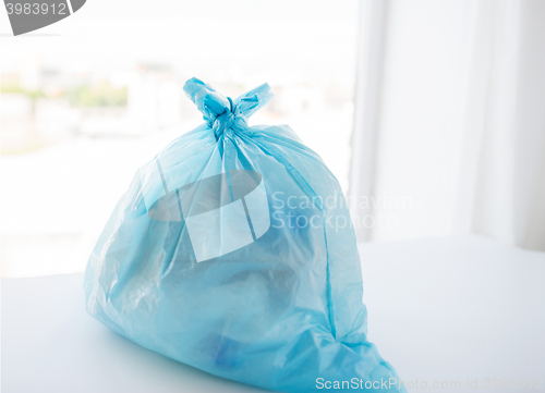 Image of close up of rubbish bag with trash at home