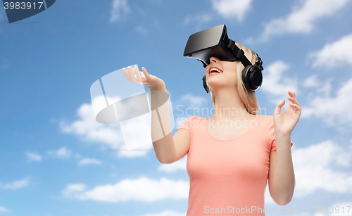 Image of woman in virtual reality headset or 3d glasses