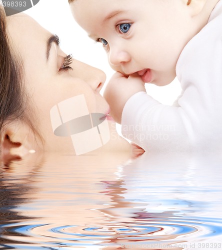 Image of happy mother playing with baby boy in water #2