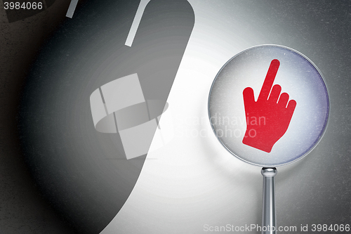 Image of Web design concept:  Mouse Cursor with optical glass on digital background