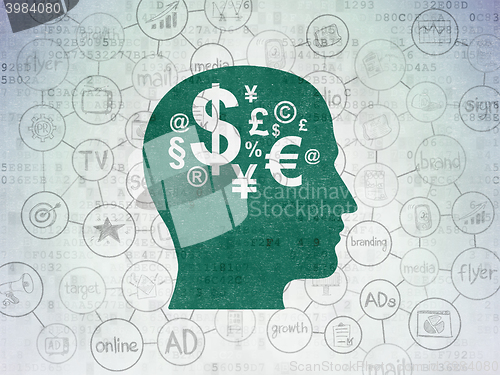 Image of Advertising concept: Head With Finance Symbol on Digital Data Paper background