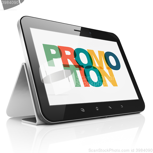 Image of Advertising concept: Tablet Computer with Promotion on  display