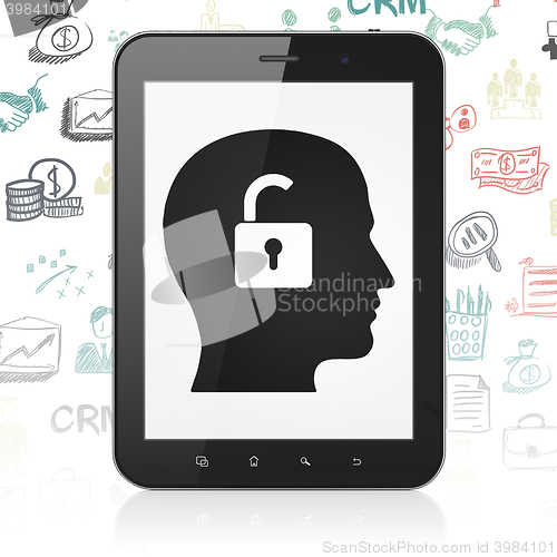 Image of Finance concept: Tablet Computer with Head With Padlock on display