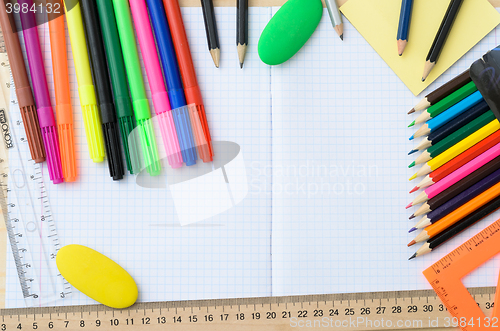 Image of School stationery with notebook copyspace