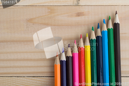 Image of Colored pencils on a wooden board