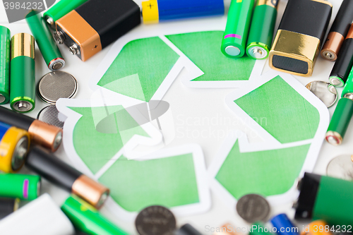 Image of close up of batteries and green recycling symbol