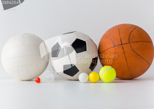 Image of close up of different sports balls and shuttlecock