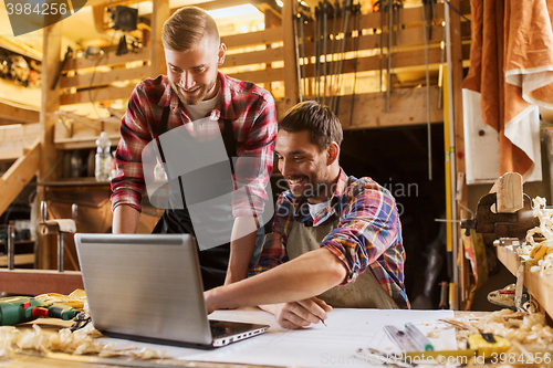 Image of carpenters with laptop and blueprint at workshop