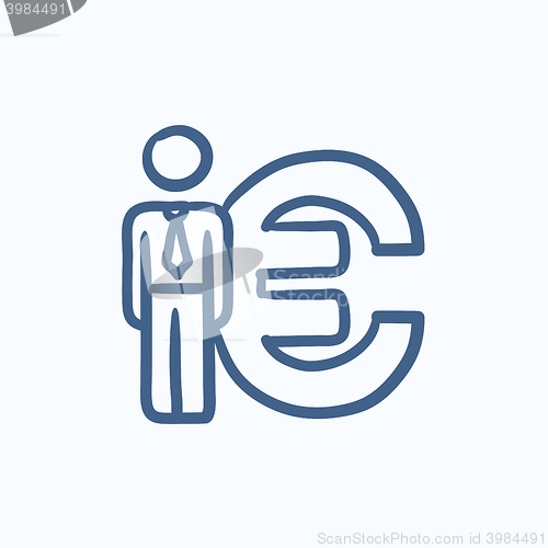 Image of Businessman stands near Euro symbol sketch icon.