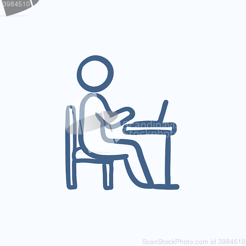 Image of Businessman working on laptop sketch icon.