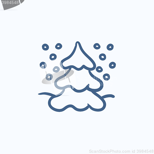 Image of Christmas tree covered with snow sketch icon.