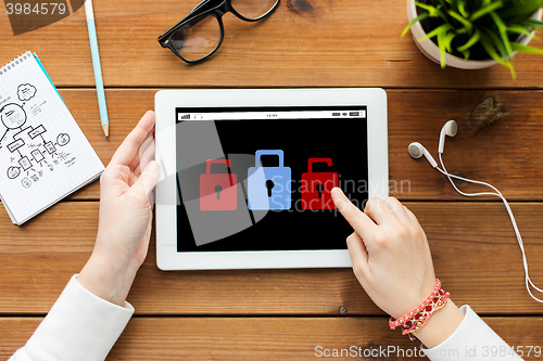 Image of close up of woman with tablet pc on wooden table