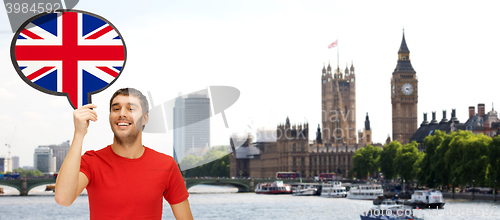 Image of man with text bubble of british flag in london