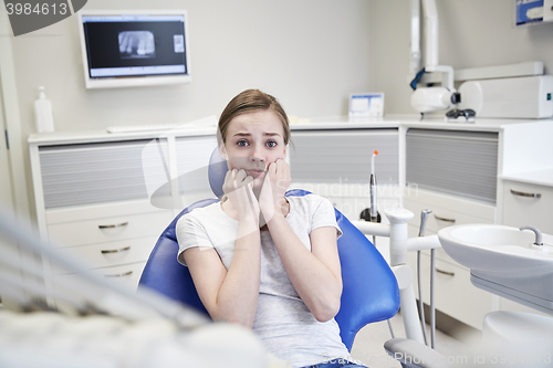 Image of scared and terrified patient girl at dental clinic